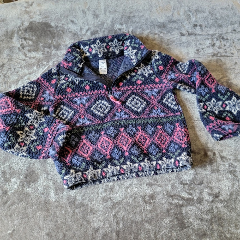 OshKosh B'gosh Fleece Pullover Quarter-zip Kids 6/6x Blue Pink Excellent 720